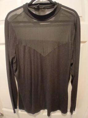 Eloquii Black Long-Sleeve Mesh Yoke Top